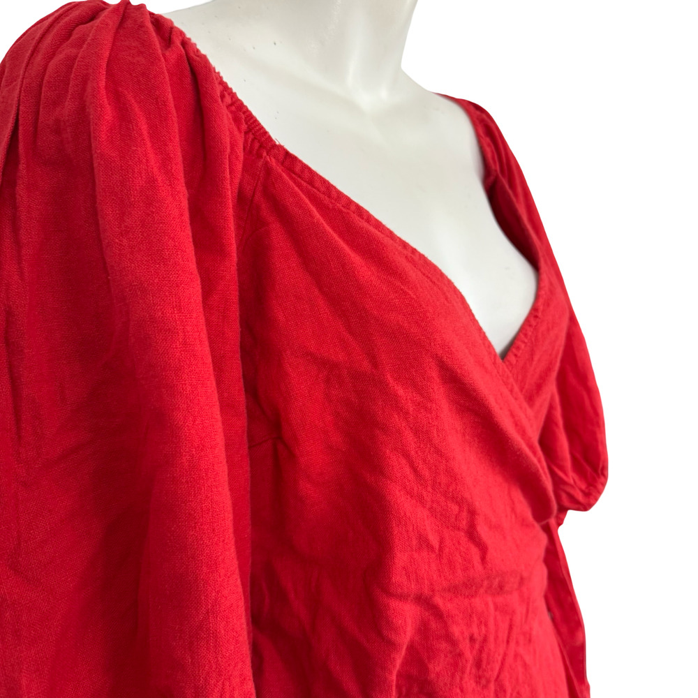 Abercrombie & Fitch Red Linen Puff Sleeve Wrap Smocked Mini Dress NWT sz L Tall - Picture 4 of 16